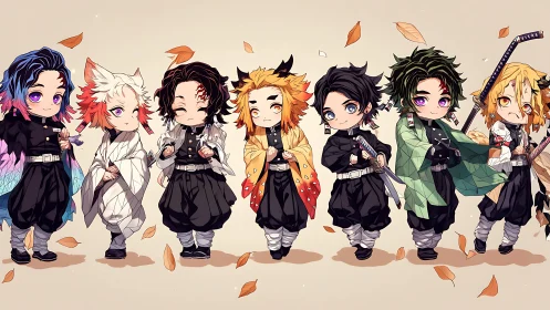 Chibi demon slayers stand united amid softly falling leaves