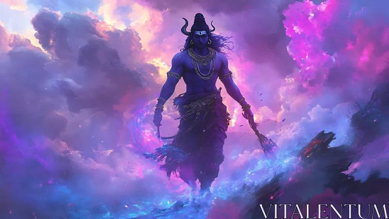 Blue deity figure walking through glowing cosmic clouds.