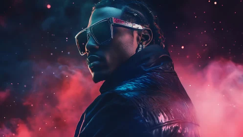 Neon backlit portrait with reflective jacket and angular visor glasses