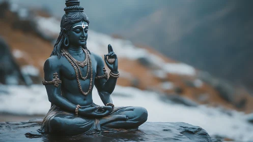 Mountain mist hums while serene blue deity meditates