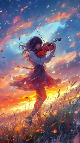 Violin dreamer dances through a wildfire painted sunset sky.
