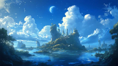 Floating Citadels Over Azure Waters and Luminous Sky.