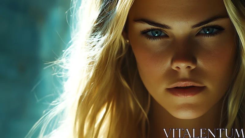 Intense close-up portrait of blonde woman in soft light.