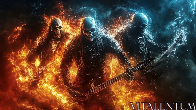 Fiery skull rock band shredding through glowing stormy flames.