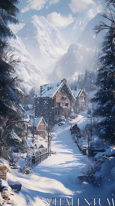 Snow-covered alpine village lane below steep glaciated peaks