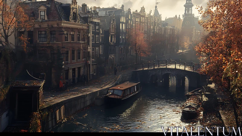 Historic canal, arched bridge and autumn foliage in cityscape.