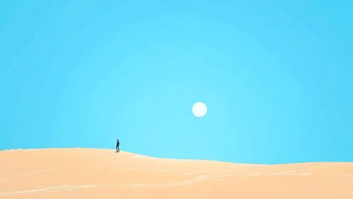 Solitary human figure on minimal desert horizon under noon sun.