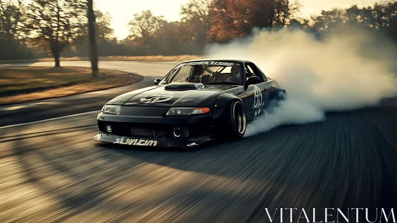 Smoke-chasing drift coupe carves a blazing arc through dusk