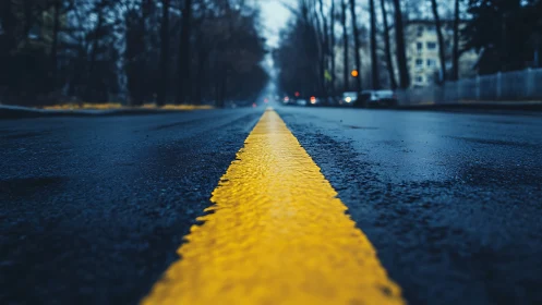 Low angle wet asphalt roadway with central yellow divider line