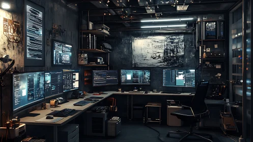 Dark cyber workspace glows with multiple code-filled monitors