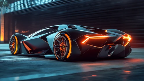 Futuristic supercar glows in a neon lit industrial nightscape
