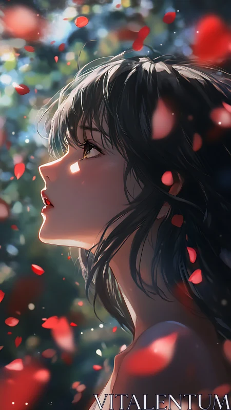 Side profile anime girl among falling red petals.