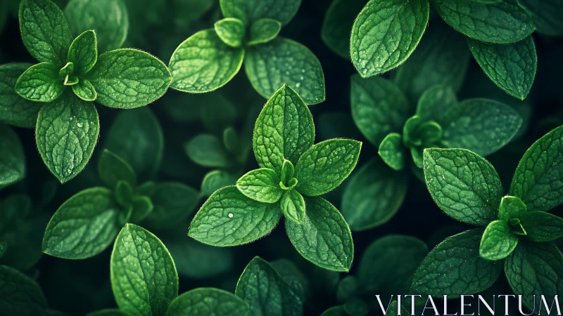 Fresh mint leaves glow softly in a lush green garden