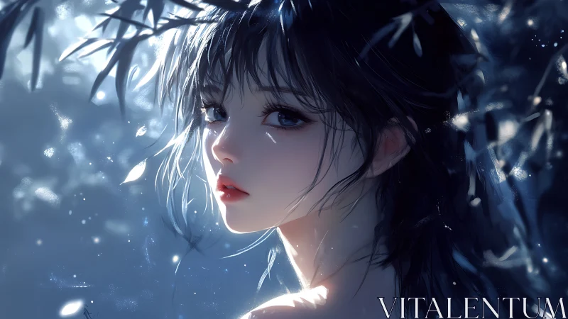 Female character looks back under cool blue dappled light