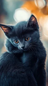 Black Cat with Amber Eyes Gazing Forward.