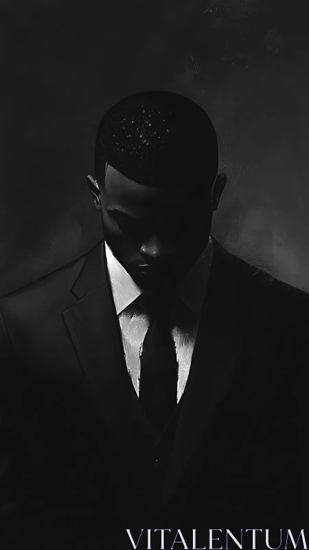 Male figure in dark suit under strong downward lighting.