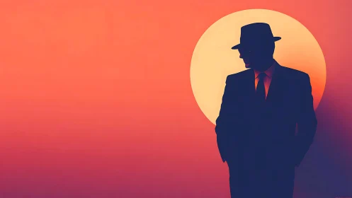 Silhouetted man in suit before large sun at sunset.