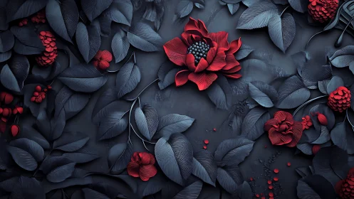 Crimson flowers emerge across sculpted charcoal foliage