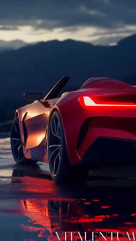 Red sports convertible stands on wet asphalt at dusk