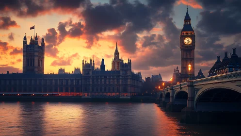 Sunset-lit Westminster skyline with clocktower and river reflections