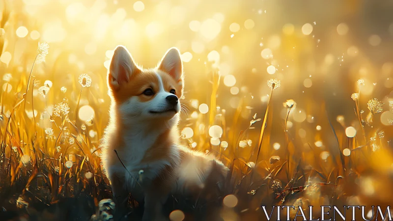 Gentle corgi enjoys golden evening light in a dreamy meadow