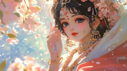 Ornate anime-style portrait of jeweled woman among blossoms.