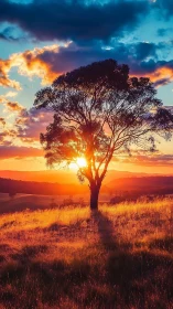 Solitary tree catches blazing sunset over golden hillside