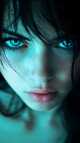 Icy blue gaze in dramatic teal portrait close-up.