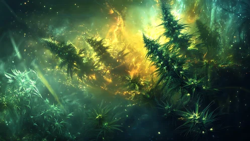 Futuristic botanical forms in luminous abstract environment.