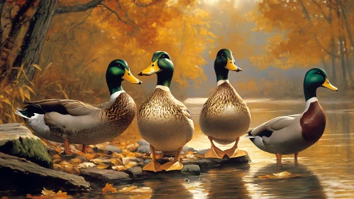 Four mallard ducks gather by a golden autumn riverside