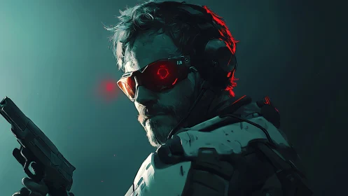 Cyber soldier in red visor glow, tense side profile portrait.