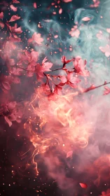 Pink Flowering Branches with Ethereal Smoke Dispersion.