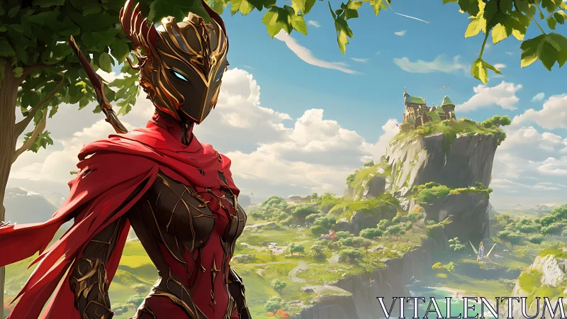 Armored fantasy warrior overlooking bright cliffside castle.