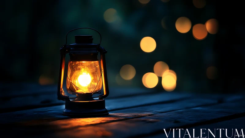 Rustic lantern glows on weathered wooden table at night