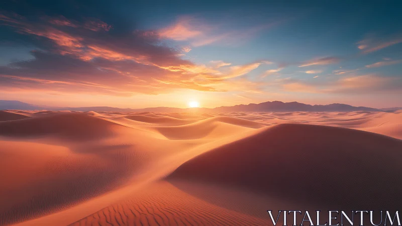 Low-angle desert dunes at sunrise with soft volumetric lighting