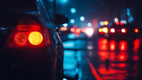 Car taillights glow over neon reflections on wet city street.