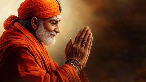 Orange-robed sage in reverent prayer, warm side lighting.