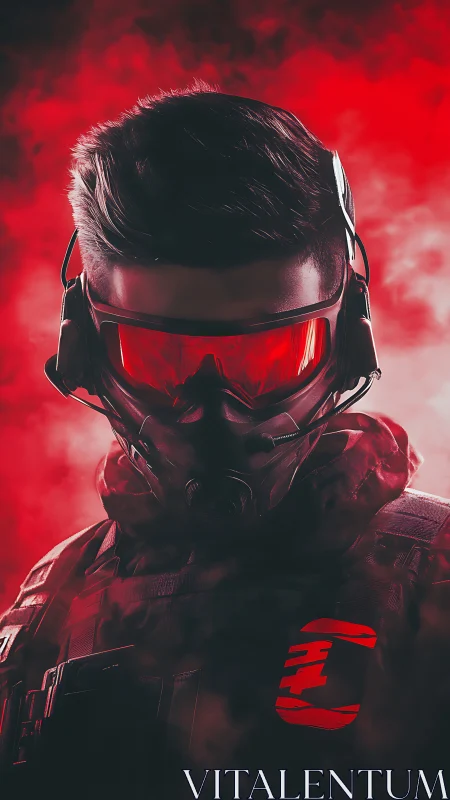 Tactical operative portrait framed in red vapor backlighting