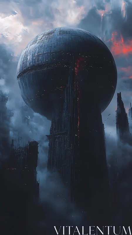 Colossal dark sphere looms above dystopian fortress spires.