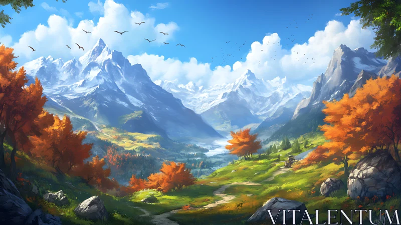 Snowy mountains rise over a sunlit autumn valley panorama.