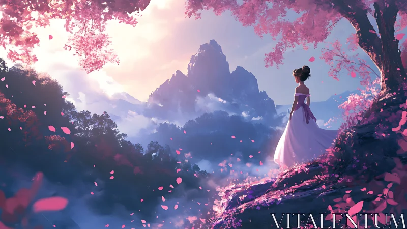 Young woman gazes over misty mountains beneath pink blossoms