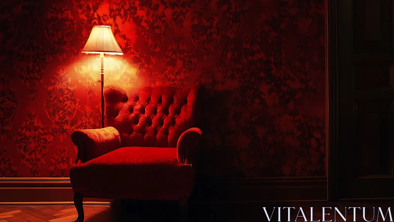 Red velvet armchair and floor lamp against patterned wall.