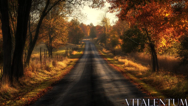 Rural asphalt road under golden autumn backlight perspective.