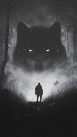 Monochrome spectral wolf visage over lone forest wanderer.