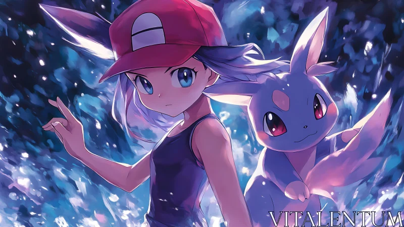 Anime trainer and creature in luminous action composition.