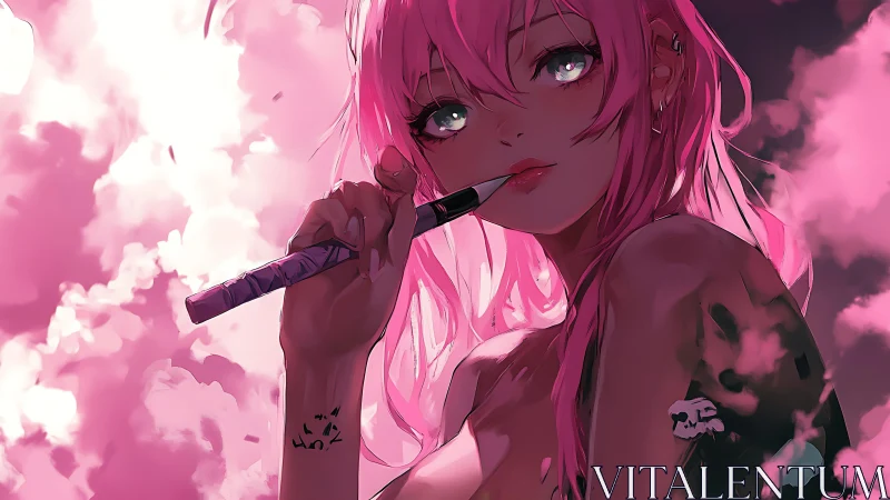 Pink haired anime girl with vape in glowing clouds.