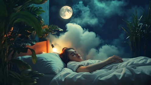 Sleeping figure beneath moonlit clouds in lush bedroom