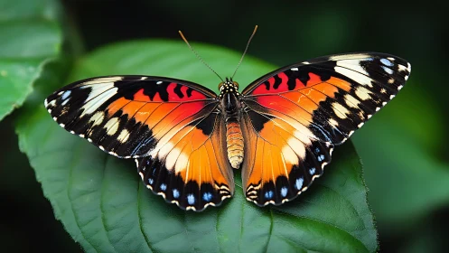 Butterfly with orange patterned wings on green leaf surface.
