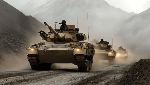 Main battle tanks advance in staggered column through dusty valley terrain