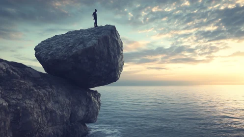 Solitary figure on balanced coastal monolith at pastel sunrise.